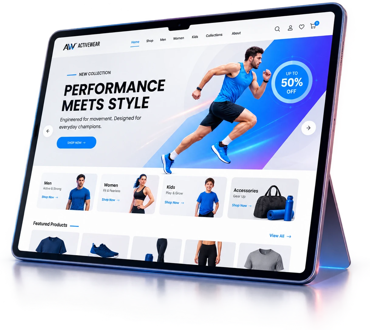 A launched activewear storefront shown on a tablet